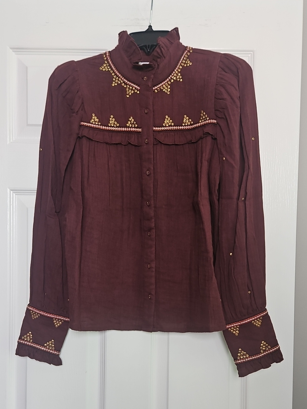 A Loves A Ruffled Embroidered Long Sleeve Button Front Blouse: Rouge & Gold: XS